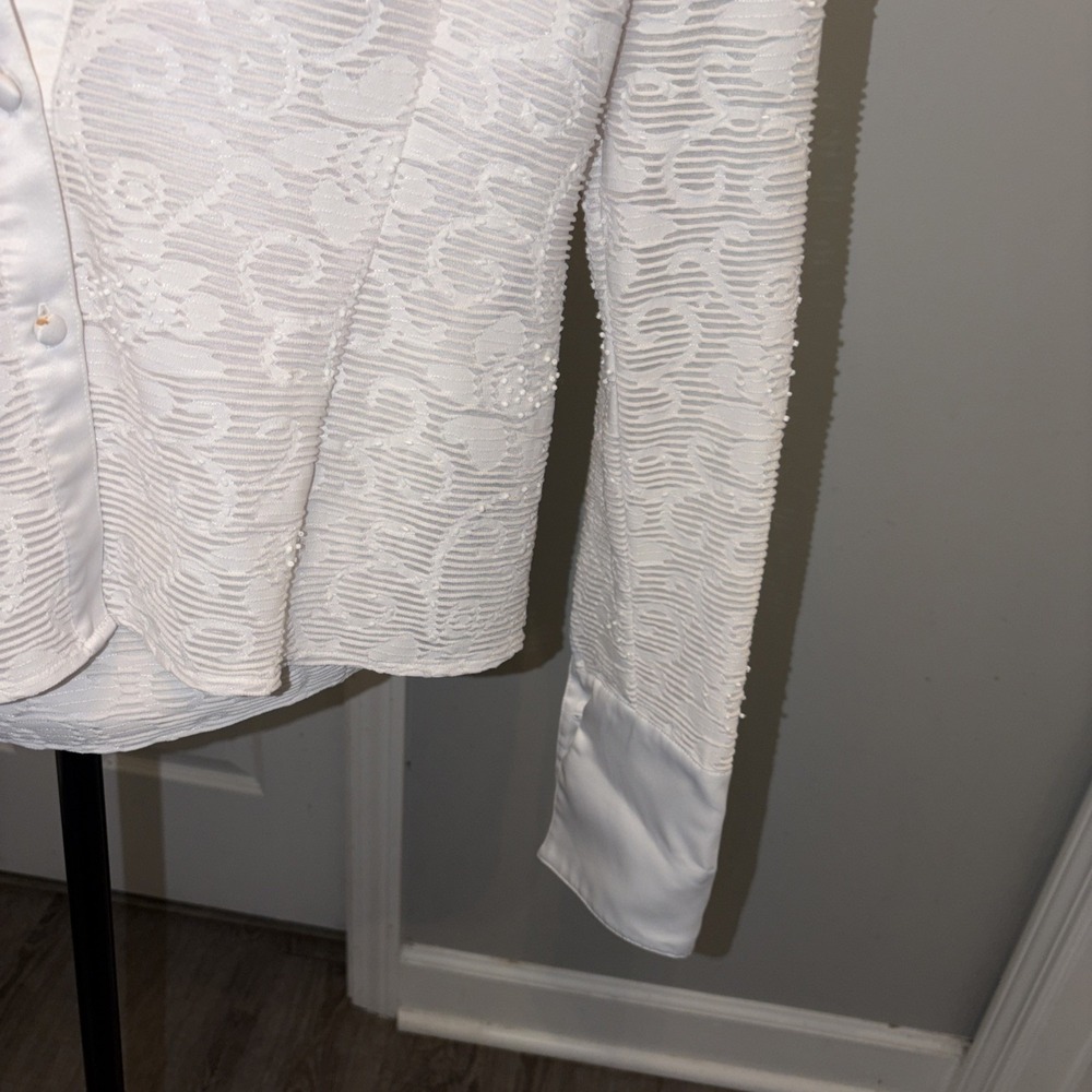 JS Collections Vintage 90s Sheer White Lace Blouse Button Down Satin Cuffs Y2K - Picture 4 of 6